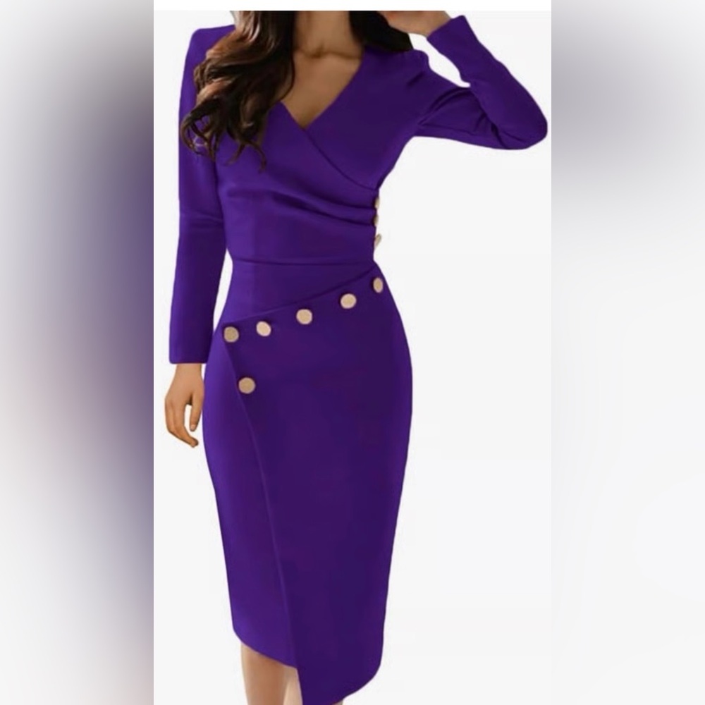 Women's Bodycon Pencil Wrap Dress With Fashion Buttons, Purple, XL